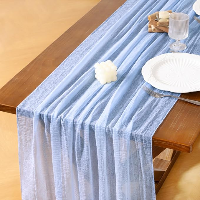 Socomi 6pcs Blue Valentine's Day Gauze Cheesecloth Table Runner 120 Inch Rustic Boho Cheese Cloth Runner for Wedding Party Baby Bridal Shower Centerpiece Decoration Holiday Home Decorations