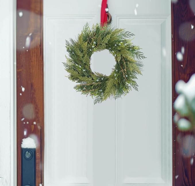 20” Green Faux Pine Christmas Winter Wreath with Cypress Cone, Twig & White Berry – Mixed with Real Look Fake Cedar & Spruce, Xmas Wreaths for Front Door Porch Mantel & Fireplace