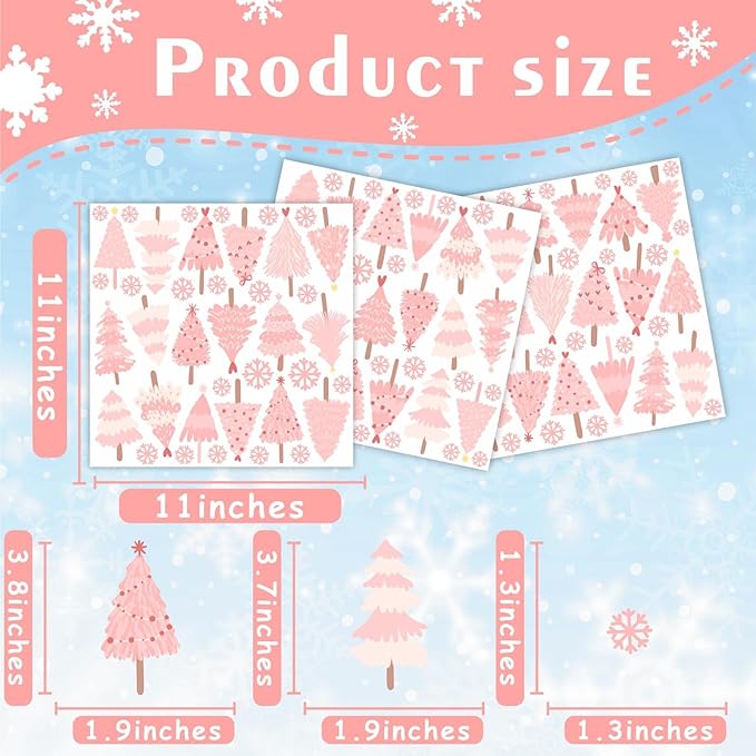 Pink Christmas Tree Wall Decals Merry Christmas Wall Stickers Peel and Stick Xmas Snowflake Sticker for Crafts Decoration Home Indoor Pink Pine Tree Decal for Kids Bedroom Winter Holiday Party Decor