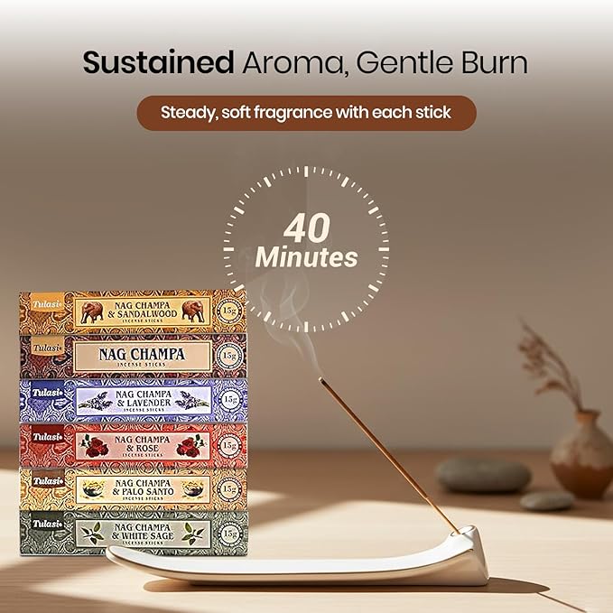 Tulasi Nag Champa Incense Sticks Gift Pack of 6, Hand Rolled Fragrance Incense Sticks for Aromatherapy, Relaxing, Yoga, Meditation, Prayer, Agarbatti Stick with Natural Oils, Thanks Giving (15gm x 6)