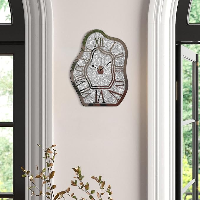 Modern Wall Clock for Living Room Decor Silver Crystal Crush Diamond Mirrored Clocks Irregular Mirror Clock Unique Wall Decorative for Bedroom Kitchen Dining Room