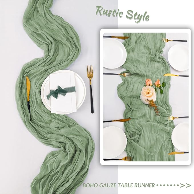 10 Pack Sage Green Cheesecloth Table Runner,10FT/120 Inch Boho Gauze Fabric Table Runner,Rustic Sheer Sage Green Cheese Cloth Runner Bulk for Wedding,Bridal Baby Shower,Birthday Party,Table Decor
