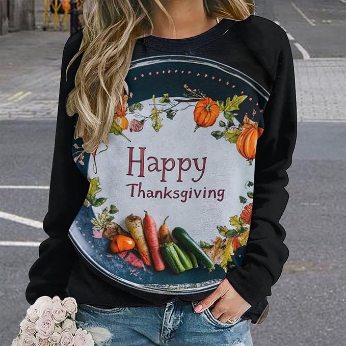 Thanksgiving Sweatshirt for Women Crewneck Pullover Casual Graphic Long Sleeve Shirts Sweater