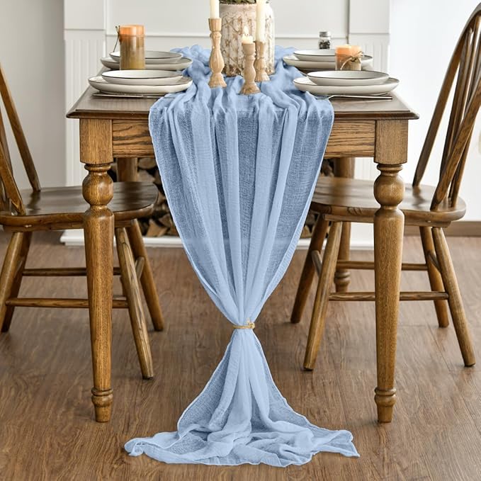 Artoid Mode Boho Cheesecloth Gauze Ice Blue Wedding Table Runner, 160 Inch Seasonal Fabric Kitchen Dining Holiday Table Decor for Home Party Indoor