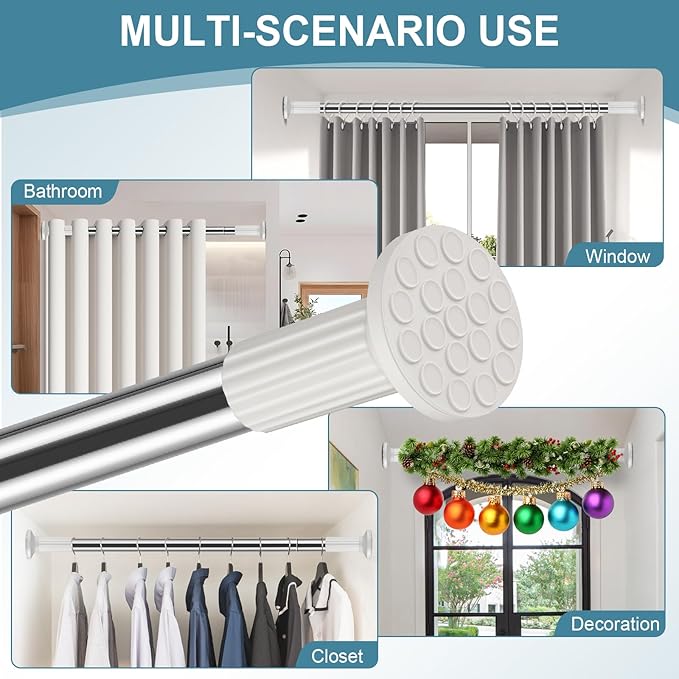 ZOCONE Shower Curtain Rods 51-148 In(4.25-12Ft), Tension Curtain Rods No Drilling, Heavy Duty Long Tension Rod, Outdoor Curtain Rods for Patio, Curtain Pole Christmas Garland Rod, Stainless Steel