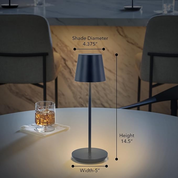 Generation Lighting Mena Accent Rechargeable Table Lamp – 14.5” Hague Blue Steel Lamp with 3-Way Base Switch, 2.4W Up/Down LED at 2700K, 260 Lumens, USB-C, Wet Rated (8000701-224)