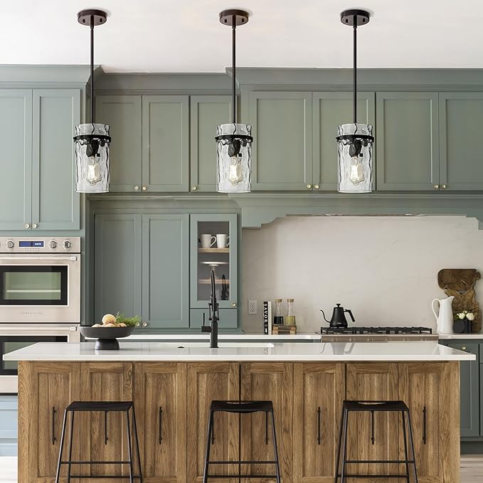Black Hammered Hand-Blown Glass Pendant Light Modern Pendant Lights Kitchen Island, Hammered Glass Pendant Light Fixtures Farmhouse Dining Room Light Adjustable Pendant Lighting over Sink 2 Pack