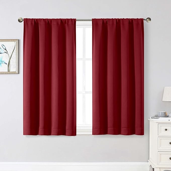 Red Room Darkening Curtains for Bedroom Living Room 45 Inch Length 2 Panels Set, Soft Solid Thermal Insulated Rod Pocket Short Curtains Drapes, Red, 2PCS Each 40" Wx45 L