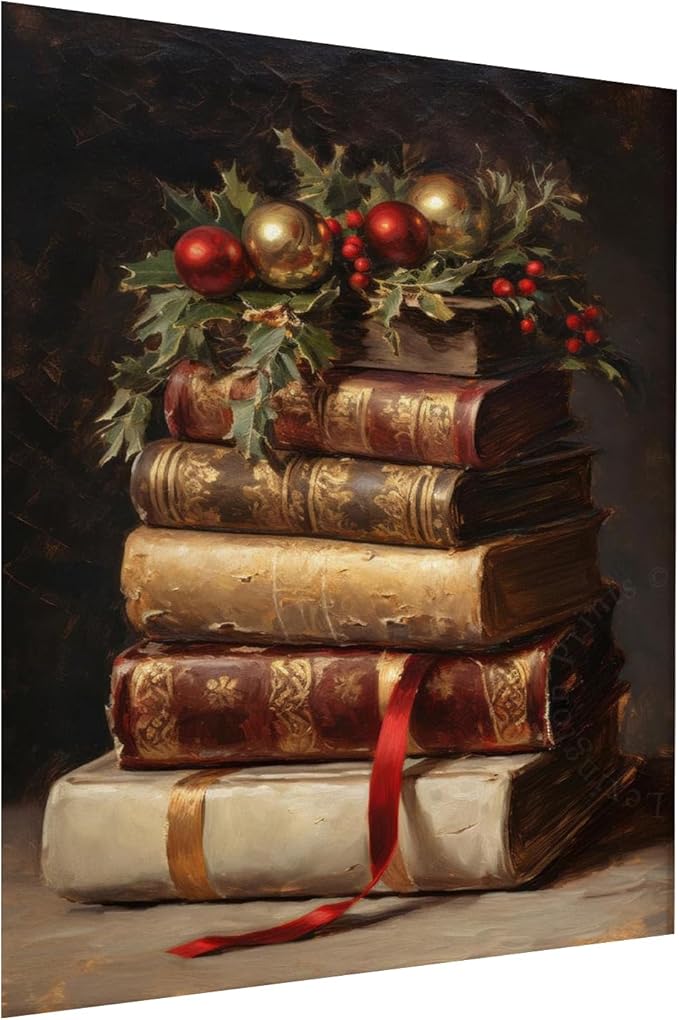Christmas Berries and Book Wall Decor - Still Life Print, Vintage Winter Oil Painting, Dark Academia Home Decor - 16x24 Inch Unframed