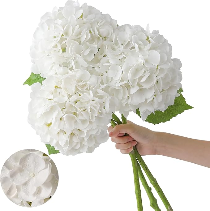JUSTOYOU 3 Pcs Real Touch Hydrangea Artificial Flowers 22.8" Lifelike Latex White Hydrangeas Fake Hydrangeas for Home Decor Party Wedding Bouquets Table Centerpieces Floral Arrangements Indoor Decor