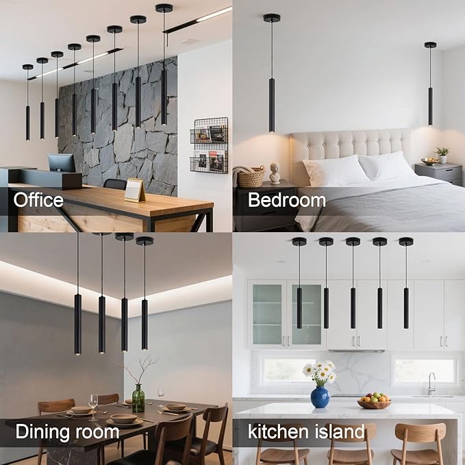 2 Pack Black Pendant Lights, Modern 3W LED Pendant Light Fixtures for Kitchen Island, Long Tube Hanging Light Cord Adjustable for Dining Table Bedroom Bar Hallway (11.8 Inch, 3000K)