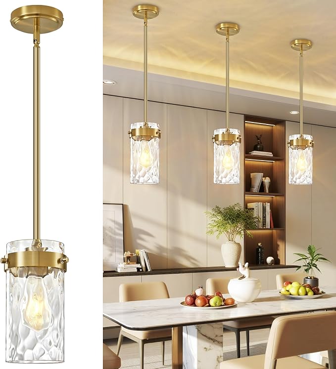 4.72" Hammered Glass Pendant Lighting for Kitchen Island 1 Pack, Modern Brushed Gold Pendant Light Fixtures, Adjustable Ceiling Pendant Light for Kitchen Island Dining Room Bedroom Hallway