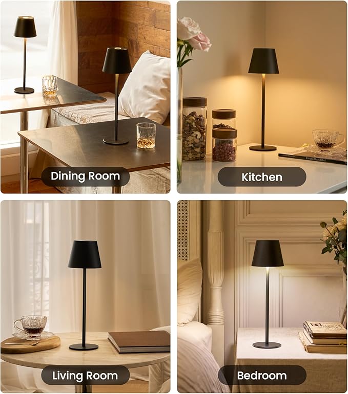 Cordless Table Lamp, Portable Battery Operated Lamp with 3 Color Temps and Stepless Dimming, Rechargeable Table Lamp for Dinner, Desk, Cafe, Outdoor (Black)