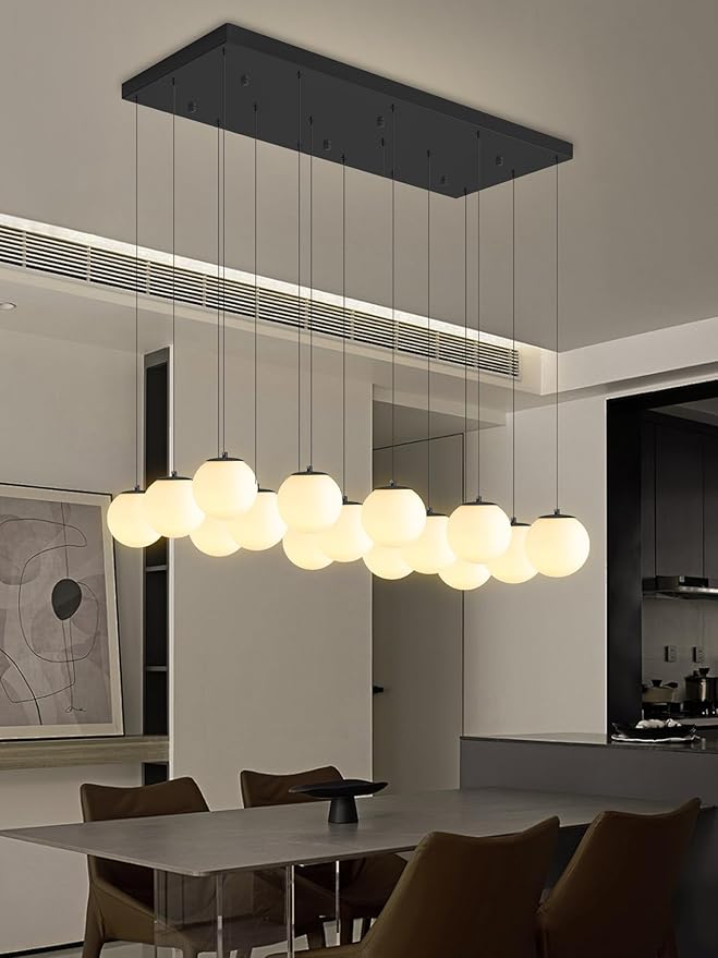Modern Rectangular Chandelier,15 Lights White Globe Chandelier Lighting,Industrial Linear Pendant Light Fixture for Dining Living Room Kitchen Island