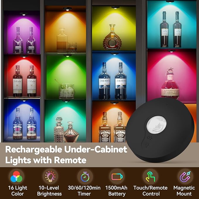 Rechargeable Puck Lights with Remote, 6 Pack Magnetic Under Cabinet Lighting, 1500mAh Battery Operated LED Tap Lights with Dimmer & Timmer for Kitchen, Closet, Shelf - 3 Color Temps & 12 RGB, Black
