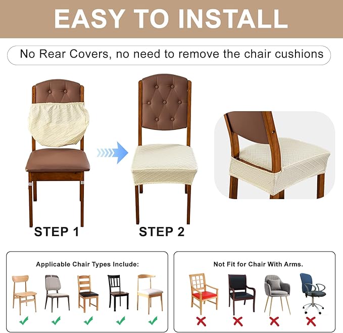 Genina Waterproof Seat Covers for Dining Room Chairs Covers Dining Chair Slipcovers Protector, No Rear Covers (Beige, 6 Pcs)