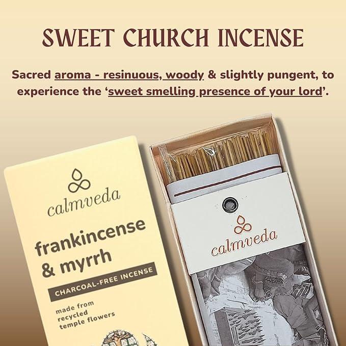 Church Frankincense and Myrrh Incense - 80 Sticks, Charcoal Free, Handmade from Upcycled Flowers, Spiritual Healing Incense