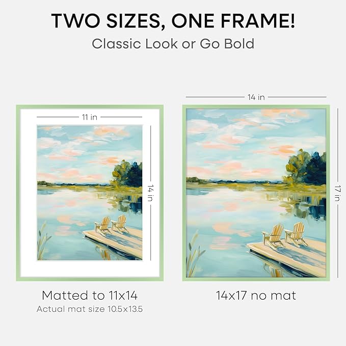 Homeforia 14x17 Picture Frame Sage Green, High End Metal 14x17 Poster Frames with Mat 11x14 inch Photo, 14 x 17 Sage Green Frame Matted to 11 by 14 Art, 17x14 Frame, Tempered Glass, Wall Kit, Set of 2
