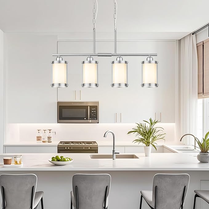 4-Light Kitchen Island Lighting, Brushed Nickel Linear Dining Room Light Fixtures with Frosted Glass, Modern Industrial Chandelier Pendant Light for Kitchen Island Dining Room, OS-3014-4ISBNW