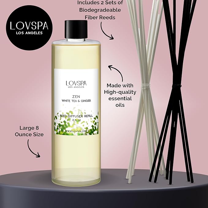 LOVSPA Zen White Tea & Ginger Diffuser Oil - Essential Oils for Diffuser Refill & Air Freshener Room Spray - Long-Lasting & Natural Home Fragrance, Scented Oil for Diffusers, USA Made, 8 oz