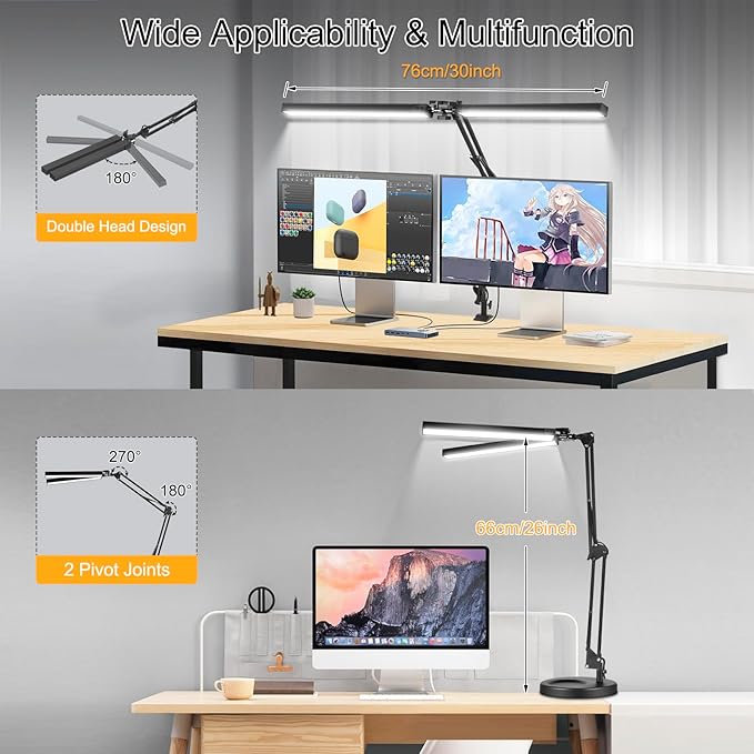 2-in-1 LED Desk Lamp, 24W Brightestwith Table Lamp with Clamp, Desk Light with Flexible Swing Arm,3 Color Modes Stepless Dimmable Double Head Architect Desk Lamps for Home Office Workbench Reading