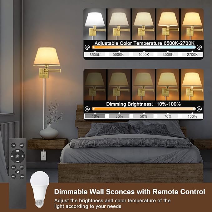TRLIFE Remote Control Dimmable Wall Sconce, Adjustable Color Temperature 2700K-6500K Brushed Brass Swing Arm Wall Lights with Plug in Cord, 11.8" Large White Shade(2 Pack, 2 Bulbs)