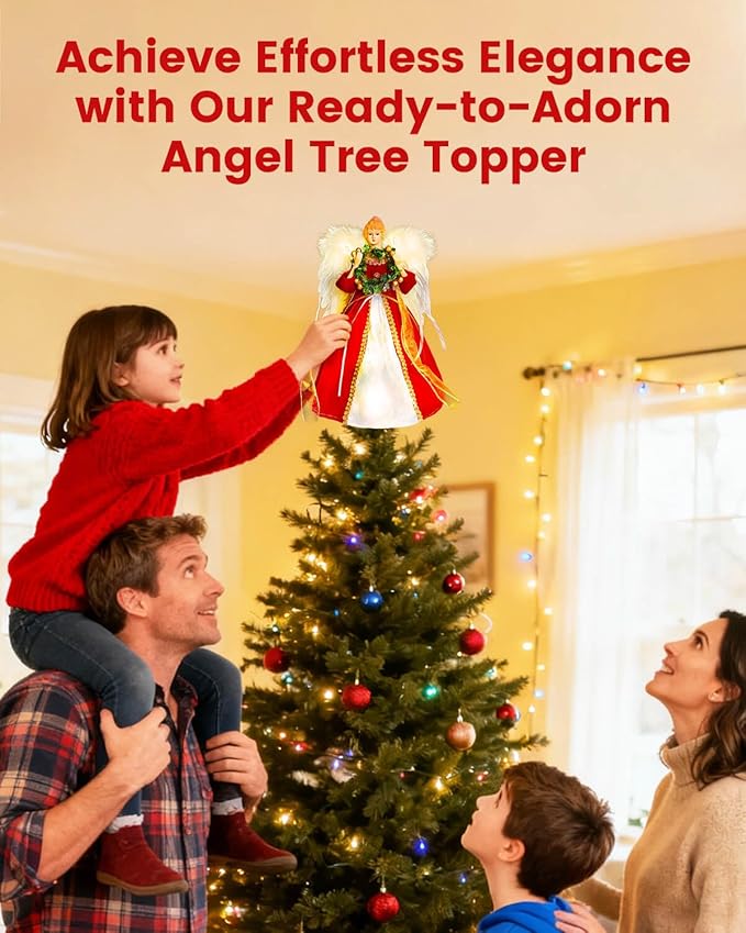 Angel Tree Topper with Lights | 12 Inch Christmas Angel Tree Topper with Feather Wings | Battery Powered Christmas Tree Toppers Lighted for Vintage Decor | Xmas Tree Topper Ornament, Red