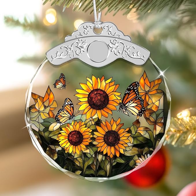Christmas Ornaments - Sunflowers Stained Glass Ornament - Xmas Decor - Ornaments for Christmas Tree - Holiday Presents - Gift Exchange Ideas - Car Hanging Decoration - Wine Bottle Decor