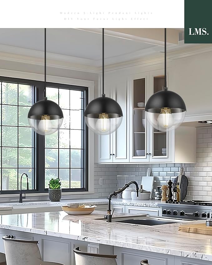 LMS 6-inch Modern Pendant Light, Matte Black Kitchen Pendant Light with Clear Globe Glass, Adjustable Hanging Farmhouse Pendant Light Fixtures for Dining Room Living Room Kitchen Island, LMS-186BKCS