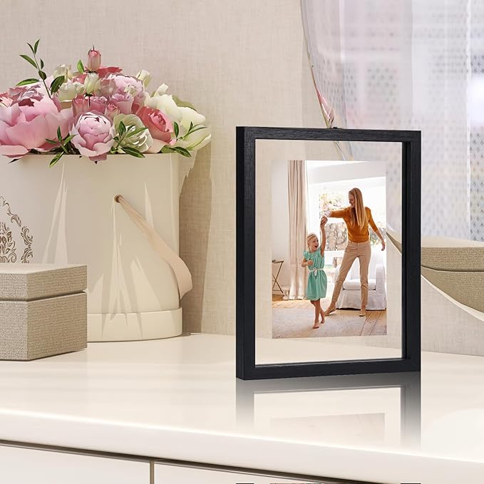 Trwcrt 5x7 Floating Picture Frames Set of 4, Double Glass Photo Frame Display up to 7 x 9 Photos for Desktop or Wall Hanging, Black