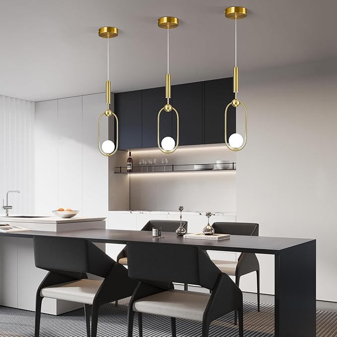 Modern Oblong Glass Pendant Light fixtures 1-Light, Simplicity Gold Pendant Lighting, Mid Century Chandelier for Kitchen Island Dining Room Bedroom Entryway Hallway(3-Pack)