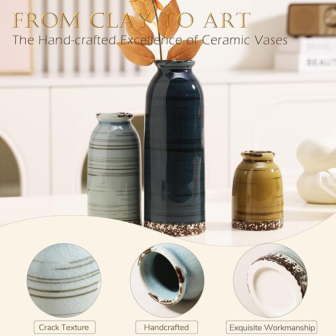 Ceramic Vase Set of 3 - Handcrafted Ceramic Vases for Home Decor & Shelf - Modern Farmhouse Decor for Kitchen, Office, Bedroom & Living Room Decorative Objects for Mantel, Table Centerpieces