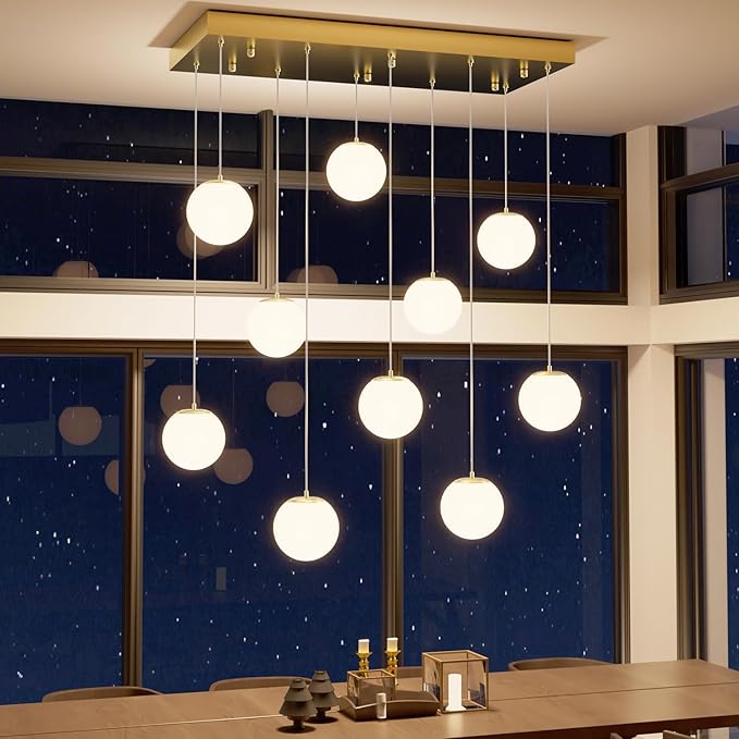 10-Lights Globe Chandelier Gold Pendant Lighting Fixture Hanging Ceiling Light for Dining Room, Kitchen Island,High Ceiling Chandelier Glass Ball Hanging Lighting for Living Room Staircase Entryway