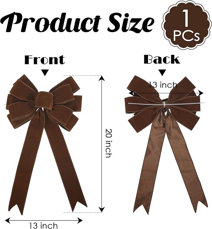 13" Brown Velvet Christmas Tree Topper Bow, Premade, 13" x 20"
