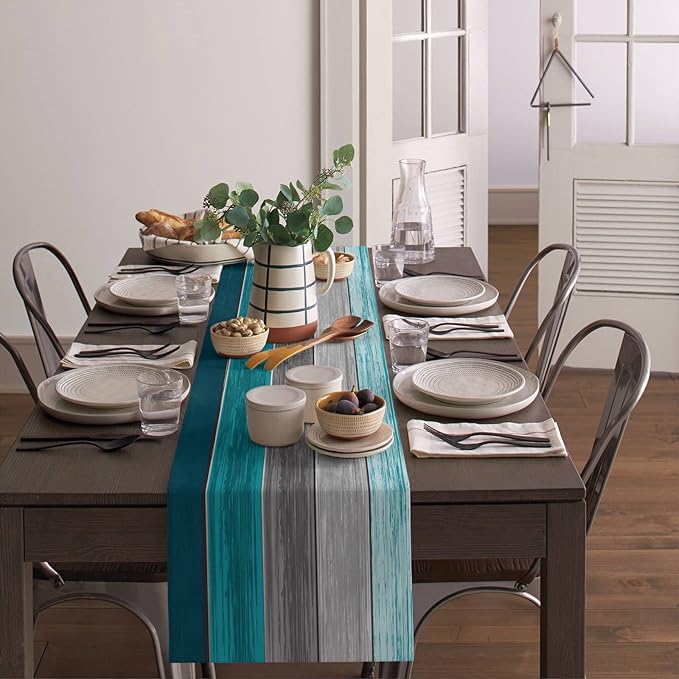 Vandarllin Table Runners 13X70 Inches Long, Ombre Peacock Blue Gray,Cotton Linen Farmhouse Retro Rustic Barn Wood Texture Tablecloths Non-Slip Party Table Decorations for Kitchen,Home,Dining,Outdoor,