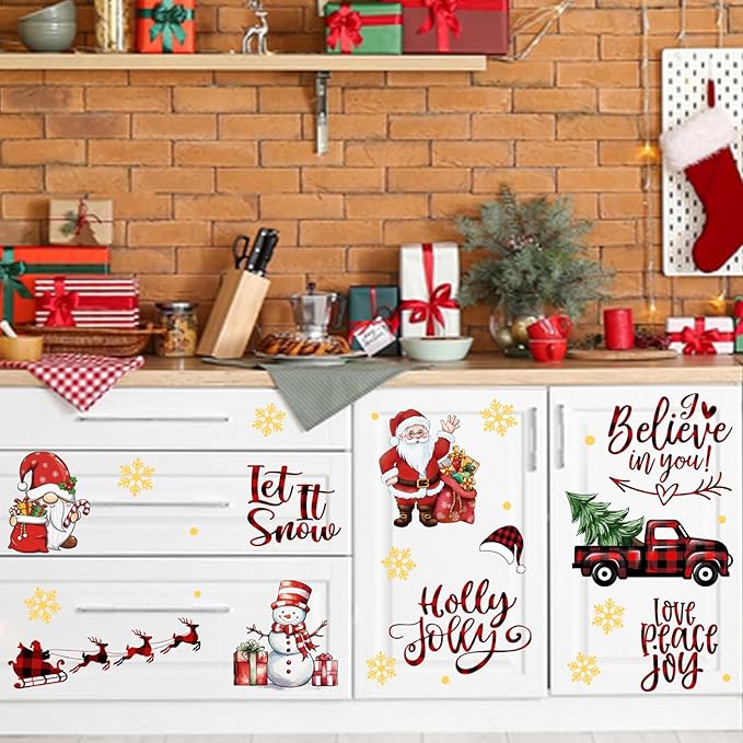 Mfault Merry Christmas Santa Claus Wall Decals Stickers, Xmas Gnome Truck Snowman Reindeer Let It Snow Decorations Bedroom Art, Winter Holiday Gold Snowflake Holly Jolly Home Living Room Kitchen Decor