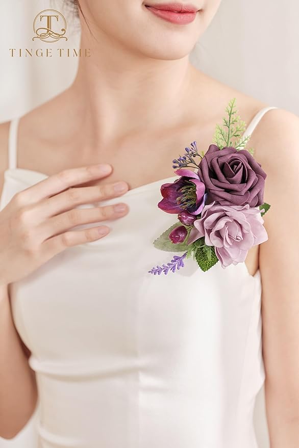 TINGE TIME Artificial Shoulder Corsages Flowers, Set of 2, Mother of The Bride Floral Corsage for Wedding Ceremony Anniversary Formal Dinner Party (Plum)