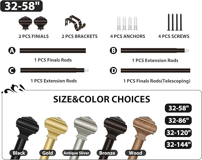 Bronze Curtain Rod 32 to 58 Inch(2.6 to 4.8 ft) with Brackets, USFOOK 7/8 Inch Splicing Single Curtain Rods for Windows 20 to 54 In, Adjustable Decorative Curtain Pole with Square Finials