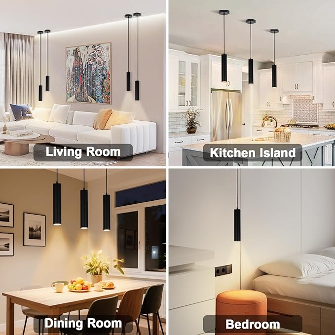 Modern Black Pendant Lights 2 Pack, LED Minimalist Pendant Lighting Fixture for Kitchen Island, Long Tube Hanging Light Cord Adjustable for Living Room Bedroom Dining Room Bar