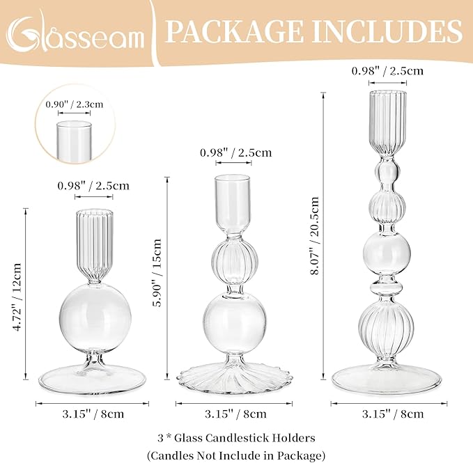 Glasseam Glass Candle Stick Holder: Clear Taper Candle Holders Set of 3 Modern Candlestick Holders for Taper Candles Decorative Candle Holders for Table Centerpiece Wedding Party Christmas Decorations