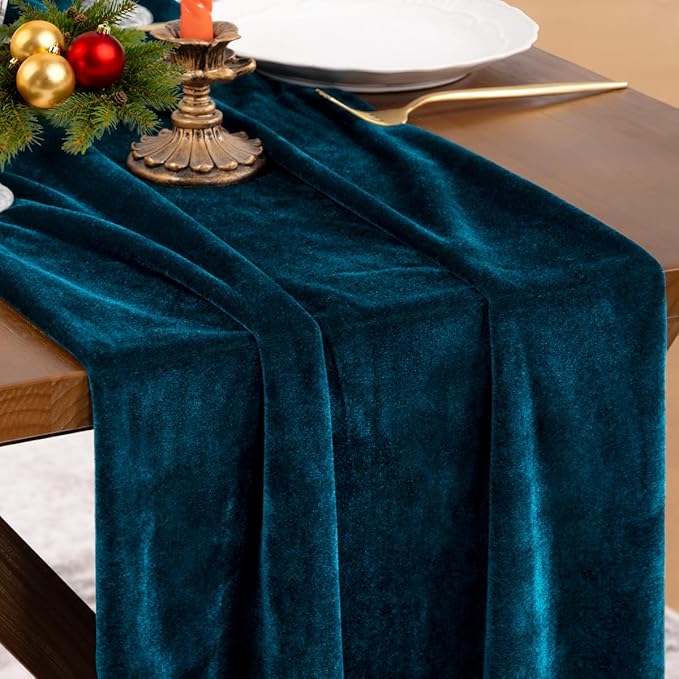 Socomi 4pcs Peacock Velvet Valentine's Day Table Runner Cloth Decor 20 x 120 Inches 10ft Fabric Luxurious Thanksgiving Wedding Runner for New Year Bridal Shower