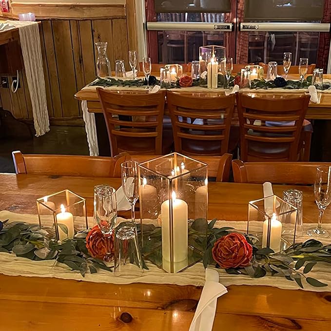 Hewory Glass Hurricane Candle Holder Set of 3, Gold Large Hurricane Centerpiece for Table, Tall Floor Square Pillar Candle Holders Lantern Set for Wedding, Anniversary, Party, Fireplace, Dining Room