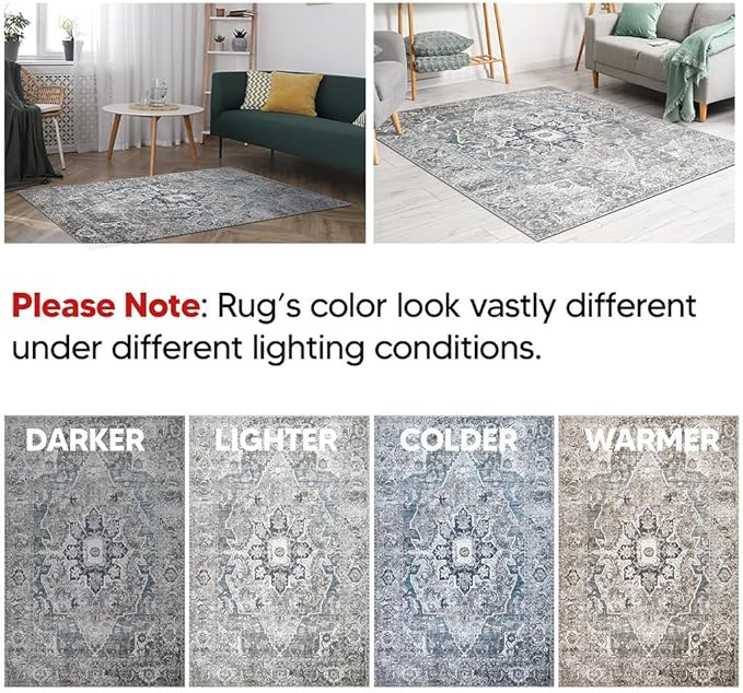 Keen Home Design 5x7 Rug - Machine Washable Area Rug with Non-Slip Backing, Ideal for Living Room, Dining Room, Bedroom - Vintage, Easy Clean, Durable, Low Pile - (5' x 7')