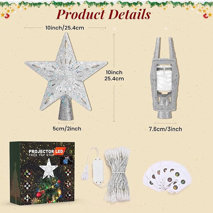 Christmas Tree Topper Lighted with 10M Colorful String Lights, Keten Silver Star Tree Toppers Decoration with 3D Rotating Pattern Projector, Tree Top for Indoor Outdoor Xmas Party Holiday (Silver)