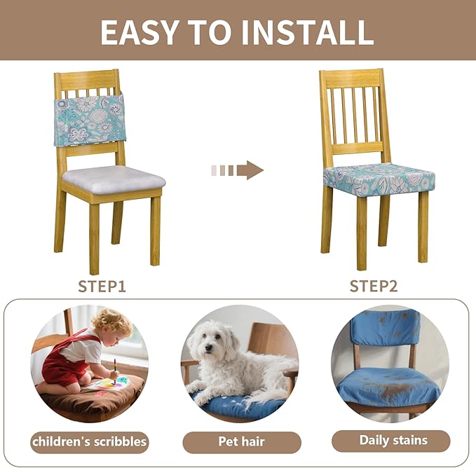 Stretch Dining Chair Seat Covers Set of 2,Dining Chair Slipcovers, Floral Printed Chair Covers,Soft Fabric Washable Upholstered Chair Seat Protector, No Rear Covers for Home Kitchen Dining Room