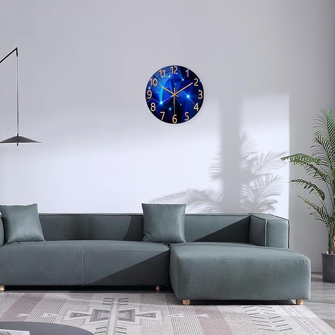 Blue Wall Clock Battery Operated 14 Inch Modern Wall Clock Non Ticking Glass Clock for Living Room