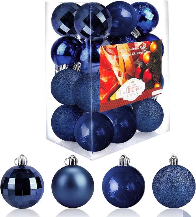 Aitsite 24ct Christmas Tree Ornaments Set 1.57 inches Mini Shatterproof Holiday Ornaments Balls for Christmas Decorations(Navy Blue)