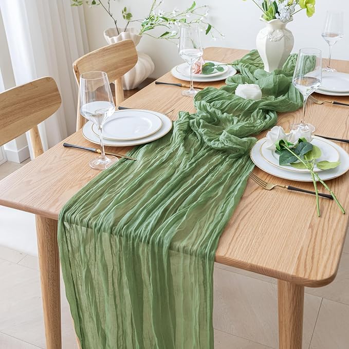 4PCS Table Runner Cheesecloth 10FT Sage Green Boho Gauze Cheese Cloth Rustic Sheer Table Runners for Wedding Bridal Baby Shower Party Decoration