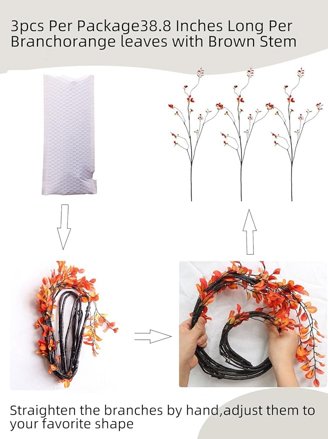 3Pcs 38.8" Faux Fall Plant Stems and Branches for Vase,Artificial Tree Branches and Twigs for Decoration (Orange Leaves & Brown Stem)
