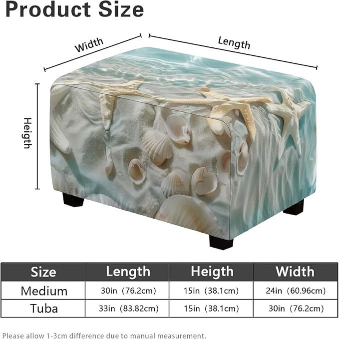 Ottoman Cover Rectangular Beach Starfish Thick Ottoman Slipcovers Elastic Nonslip Folding Storage Footrest Stool Cover Easy to Install Furniture Protector for Foot Stool Decor